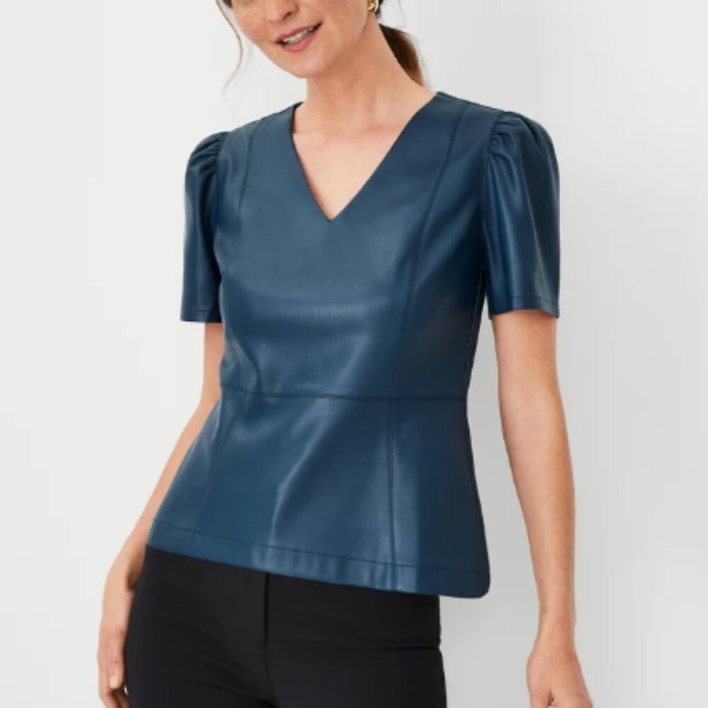 Faux Leather Peplum Top in Ominous Teal